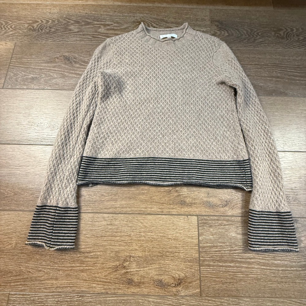 Lisa Todd Women's 100% Cashmere Sweater Tan Textured Black Stripes Classic XS